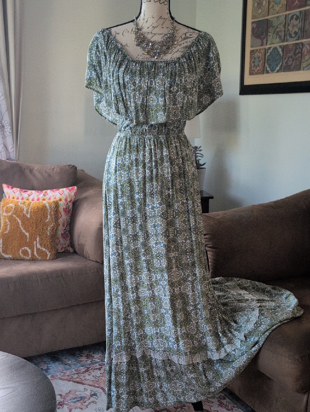 Smocked Waist Floral Maxi Dress in Green - Women's Boho Summer Dress